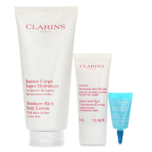 CLARINS PERFECT HYDRATION BODY SET_ SUPER HYDRATING BODY BALM 200ML+YOUTHFUL HAND CREAM 30ML+HYDRA ESSENTIEL REPARING LIP BALM 3ML
